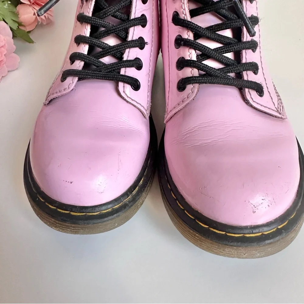 Dr. Martens Lamper 1460J Light Pink Patent Leather Lace Up- Side Zip Girl Boots